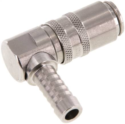 Temperier-Schnellkupplung (Winkel 90°) 9mm Zapfen, 9 (3/8")mm Schlauch, Edelstahl, für Stecker beidseitig absperrend