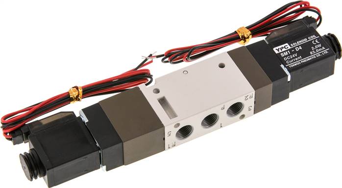 5/3-Wege Magnetventil, G 1/8", Mittelstellung belüftet, 24 V=, Stecker SY100, mit LED inkl. 600 mm Kabel