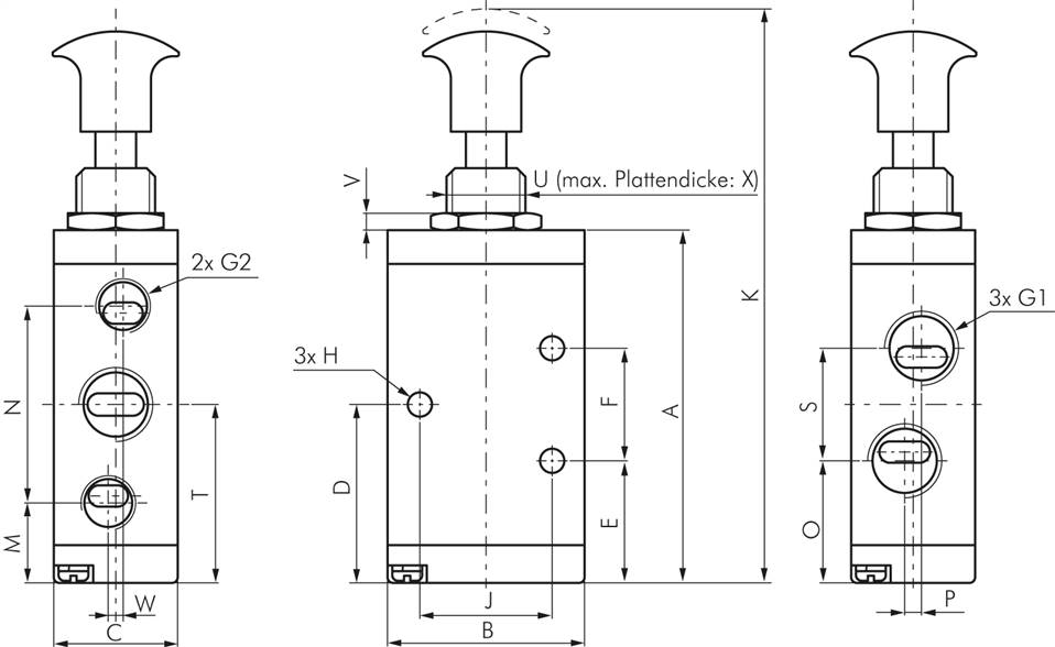 5/2-Wege Axial-Handhebelventil, Raste, G 1/4" (Abluft G 1/8")