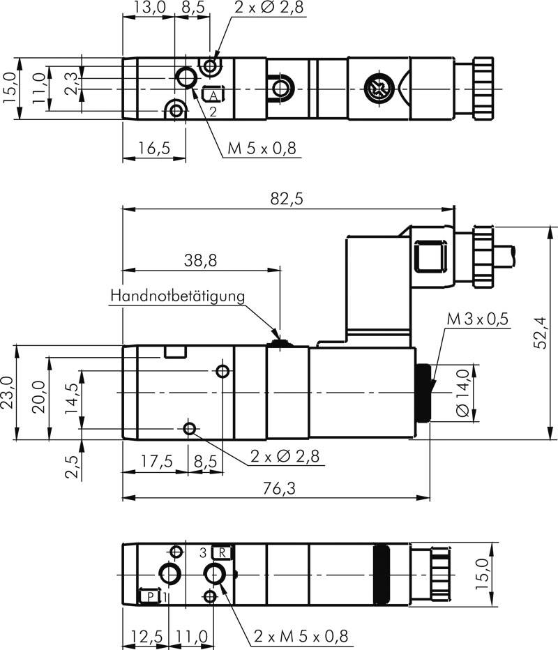 3/2-Wege Magnetventil, M 5, Federrückstellung (NO), 12 V=