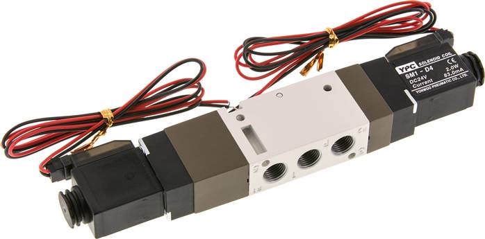 5/3-Wege Magnetventil, G 1/8", Mittelstellung geschlossen, 24 V=, Stecker SY100, mit LED inkl. 600 mm Kabel