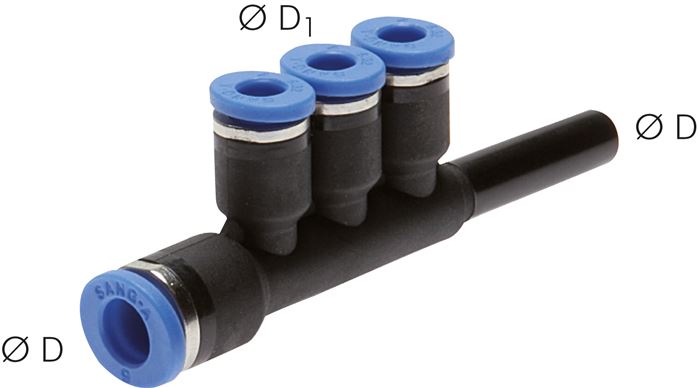 Steckanschluss-Mehrfachvert. 10mm-8mm, IQS-Standard, Steckanschluss 3 Abgänge