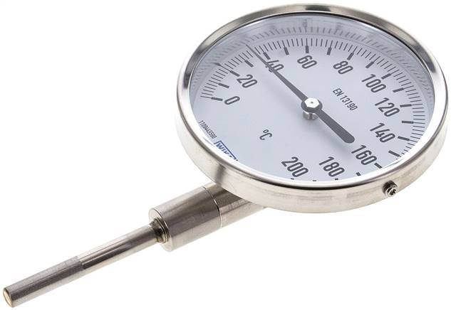 Bimetallthermometer, senkrecht D100/0 bis +200°C/63mm, Edelstahl