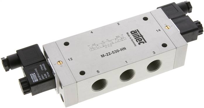 5/3-Wege Magnetventil, G 1/2", Mittelstellung geschlossen, 12 V=