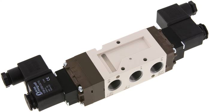 5/3-Wege Magnetventil, G 3/8", Mittelstellung entlüftet, 12 V=