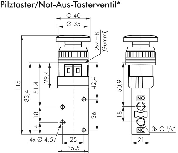 3/2-Wege Ventil G 1/8", Pilztaster rot