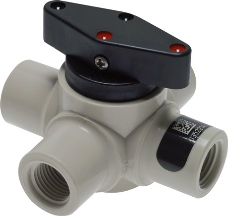 4-Wege Kugelhahn, PFA, G 1/4", PN 10, Doppelwinkelbohrung