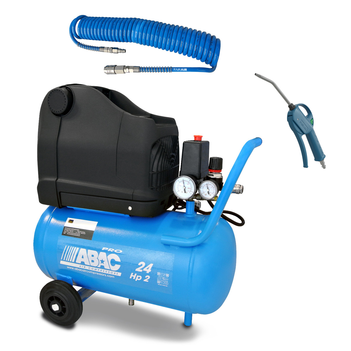AKTION OILFREE-SET: ABAC Kompressor POLE POSITION OSS20P, Blaspistole & Spiralschlauch