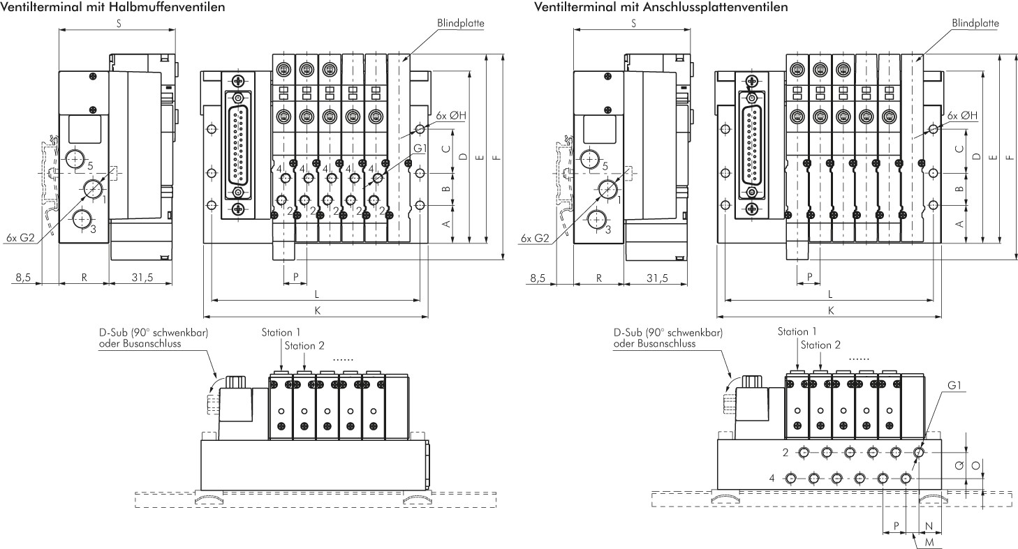 Ventilterminal 8x5/2-Wege, Multipol, M 7 an Grundplatte (seitlich)