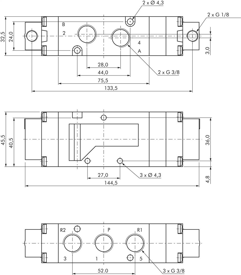 5/3-Wege Pneumatikventil, G 3/8" (Pilot G 1/8"), Mittelstellung entlüftet