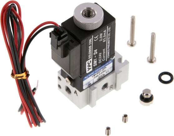 3/2-Wege Magnetventil, M 5, Federrückstellung (NO), 24 V=, mit LED inkl. 600 mm Kabel, Pilot: Polyamid