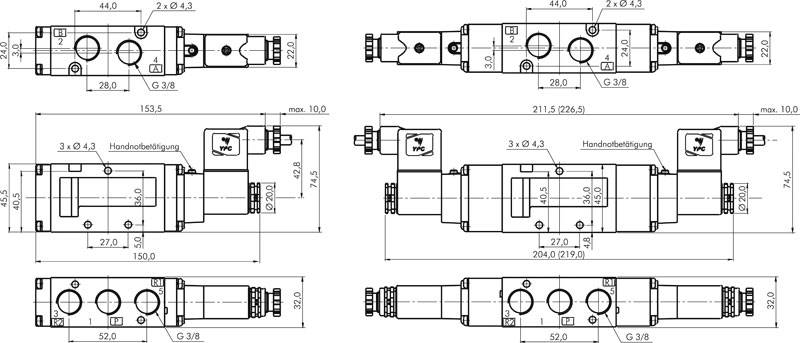 5/2-Wege Magnetventil, G 3/8", Federrückstellung, 12 V=