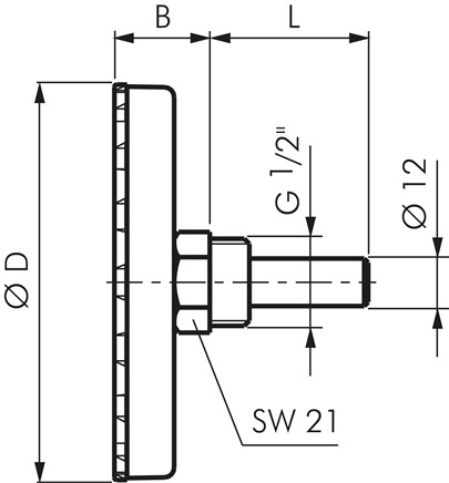Bimetallthermometer, waagerecht D100/0 bis +120°C/100mm, Kunststoffgehäuse