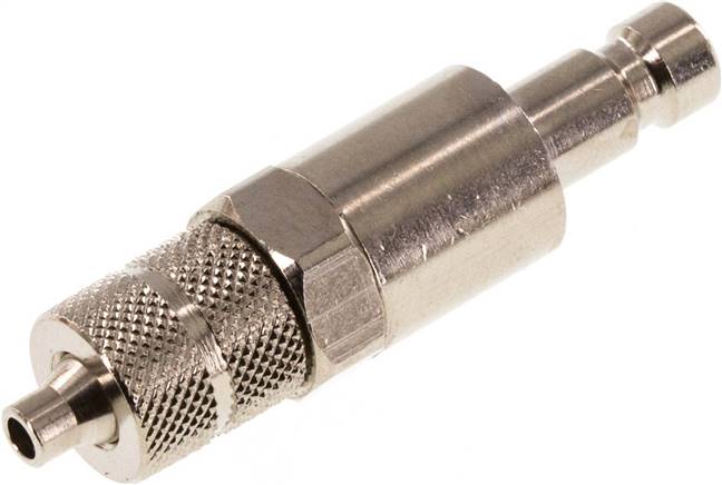 Kupplungsstecker (NW2,7) 4,3x3mm Schlauch, Messing vernickelt, beidseitig absperrend