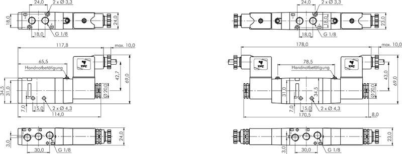 5/2-Wege Magnetventil, G 1/8", Federrückstellung, 12 V=, Norm-Stecker Grösse 1