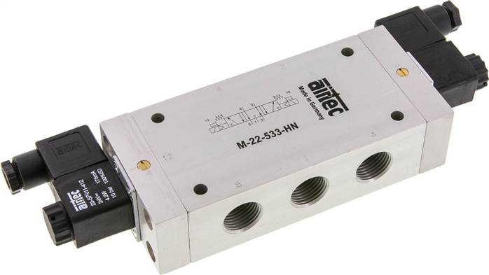 5/3-Wege Magnetventil, G 1/2", Mittelstellung entlüftet, 230 V AC