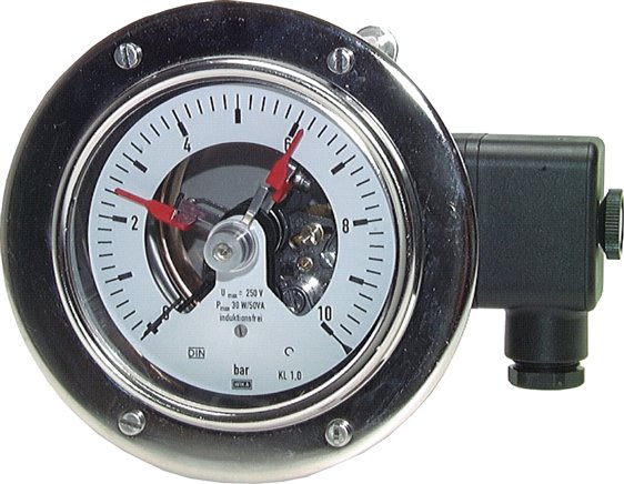 Sicherheits-Kontaktmanometer, waagerecht, 100mm, 0 - 4 bar, 1 Öffner- 1 Schliesskontakt, Edelstahl