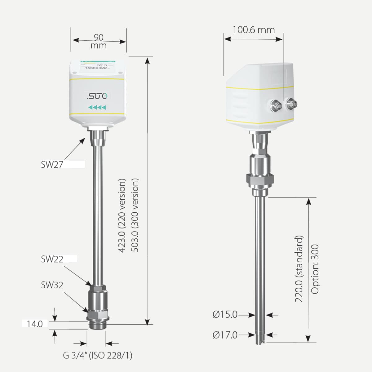 S430 Pitotrohr-Durchflussmesser feuchte Druckluft, Einstechsensor 220 mm, 4-20 mA + Impuls