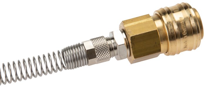 Schnellkupplung (NW7,2) 8x6mm Schlauch m. Knickschutz, schwenkbar für Stecker beidseitig absperrend, Messing vernickelt