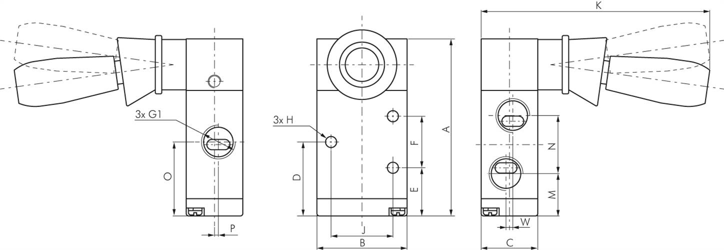 3/2-Wege Handhebelventil, Raste, G 1/8"