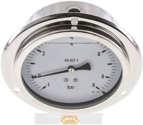 Glycerin-Einbaumanometer,Frontring, 100mm, -1 bis 9 bar -Eco-Line