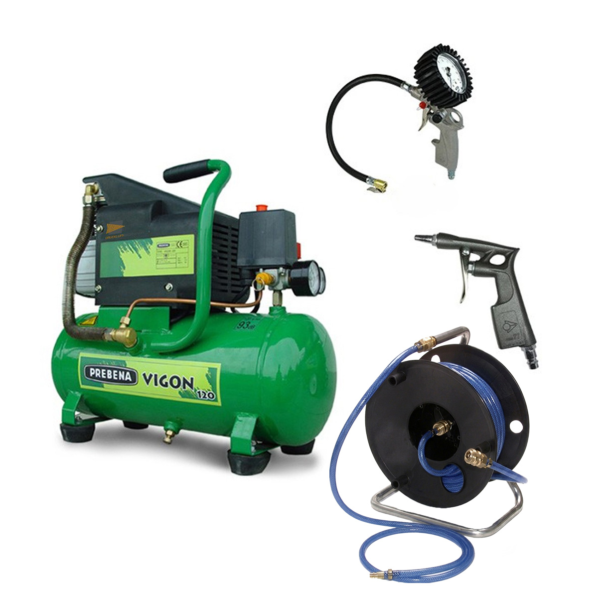 OFFERTA Compressore Prebena Vigon 120 + avvolgitubo + gonfiatore calibrato per pneumatici + pistola a soffio