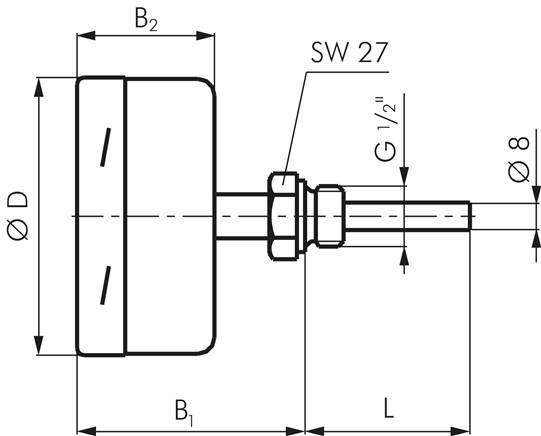 Bimetallthermometer, waagerecht D63/0 bis +400°C/200mm, Edelstahl für aggressive Medien