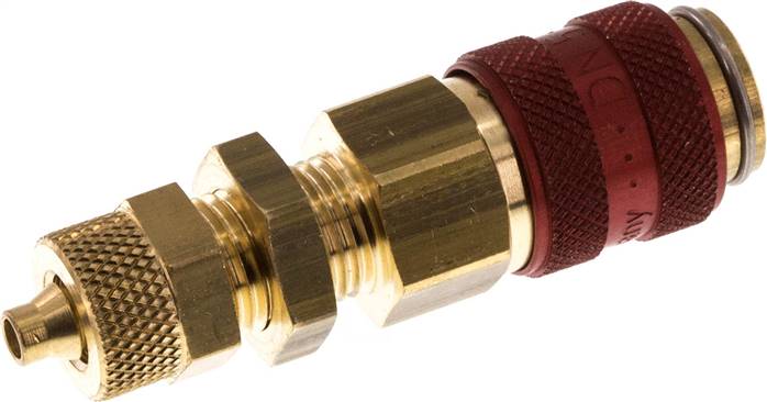 Schott-Schnellkupplung (NW5) 6x4mm Schlauch, Messing, für Stecker beidseitig absperrend, rot