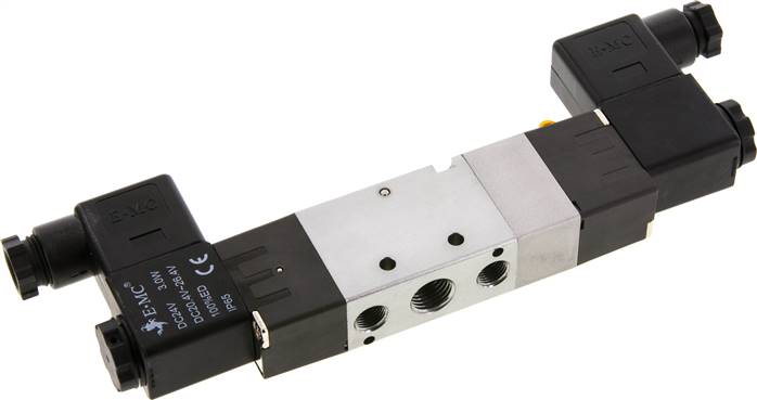 5/3-Wege Magnetventil, G 1/4" (Abluft G 1/8"), Mittelstellung belüftet, 24 V=, Ecoline