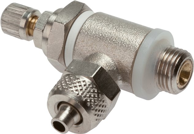 Drosselrückschlagventil G 1/4"-8 x 6mm, abluftregelnd (B), Messing, Rändelschraube und Kontermutter