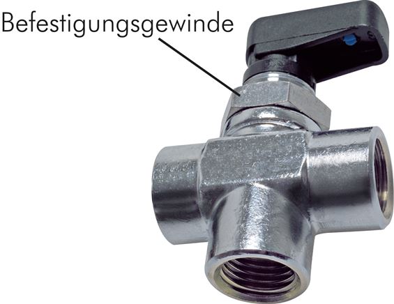 3-Wege T-Kugelhahn, Messing, L-Bohrung, G 3/8", PN 20, Messing verchromt, Dichtung: PTFE / NBR