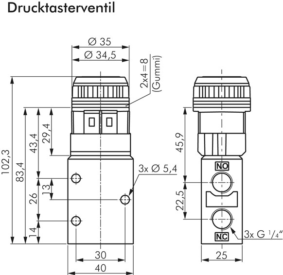 3/2-Wege Ventil G 1/4", Drucktaster rot