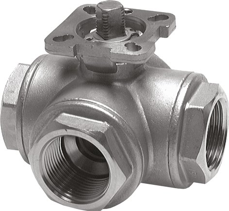 3-Wege-Kugelhahn, Direktmontageflansch G 1-1/2", T-Bohrung, Edelstahl 1.4408