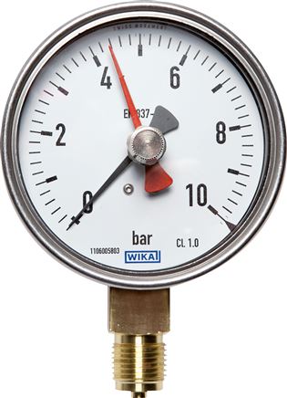 Manometer senkrecht (CrNi/Ms), 100mm, -1 bis 0,6 bar, mit rückstellbarem Schleppzeiger