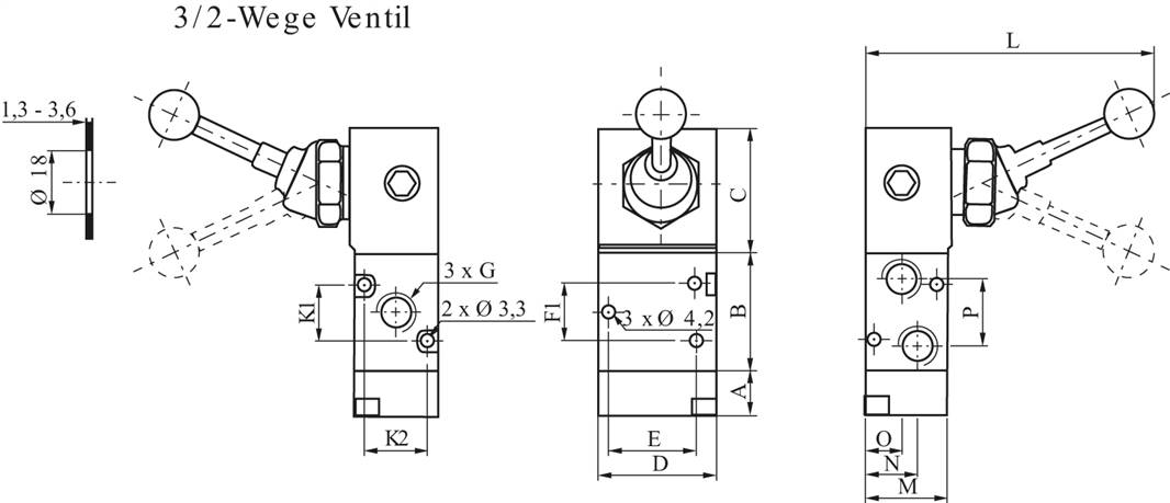 3/2-Wege Handhebelventil, Federrückstellung, G 1/4", -0,95 bis 10 bar