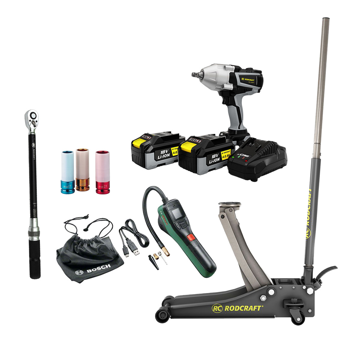AKTION Reifenwechsel Set: Rodcraft Schlagschrauber  "eBeast" + BOSCH EasyPump + AGRE 1/2"-Steckschlüssel-Set + KS Tools Drehmomentschlüssel G1/2"