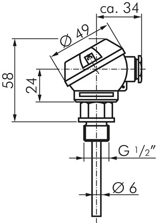 Widerstandsthermometer Pt100 (2-Leiter), G1/2"-6x250mm, ohne Halsrohr