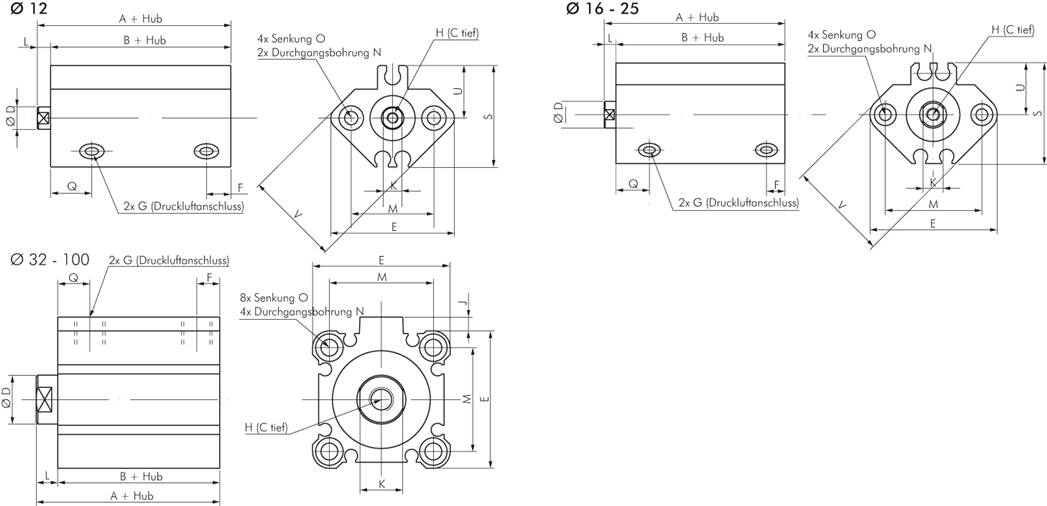 Kompaktzylinder, doppeltwirkend, Kolben 12mm, Hub 10mm -Eco-Line