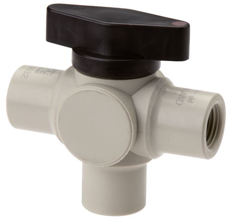 3-Wege Kugelhahn, PFA, G 1/4", PN 10, L-Bohrung (vertikal)