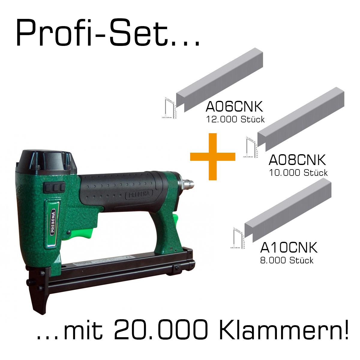 AKTION Prebena Profi-Set Druckluftnagler 1GP-A16 + 1x Schachtel A06CNK + 1x A08CNK + 1x A10CNK