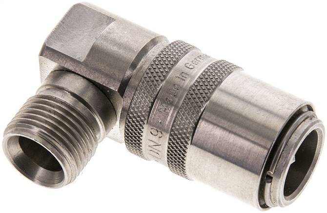 90°-Temperier-Schnellkupplung 13mm Zapfen,G 3/8"(AG), Edelstahl, für Stecker beidseitig absperrend