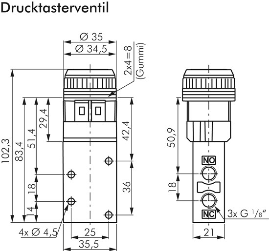 3/2-Wege Ventil G 1/8", Drucktaster schwarz