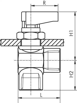 Messing-Mini-Winkelkugelhahn, G 3/8", PN 20, Schalttafelm