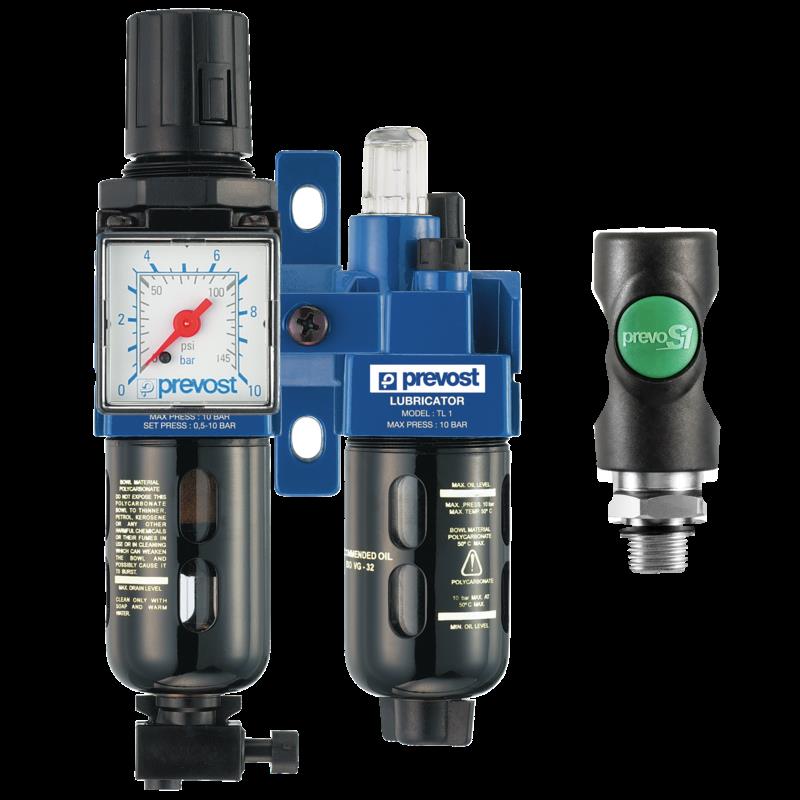 PREVOST ALTO 1 - Doppelblock - Filterregler, Manometer, Öler, Sicherheitskupplung prevostS1 und Wandbefestigungsset G1/4''