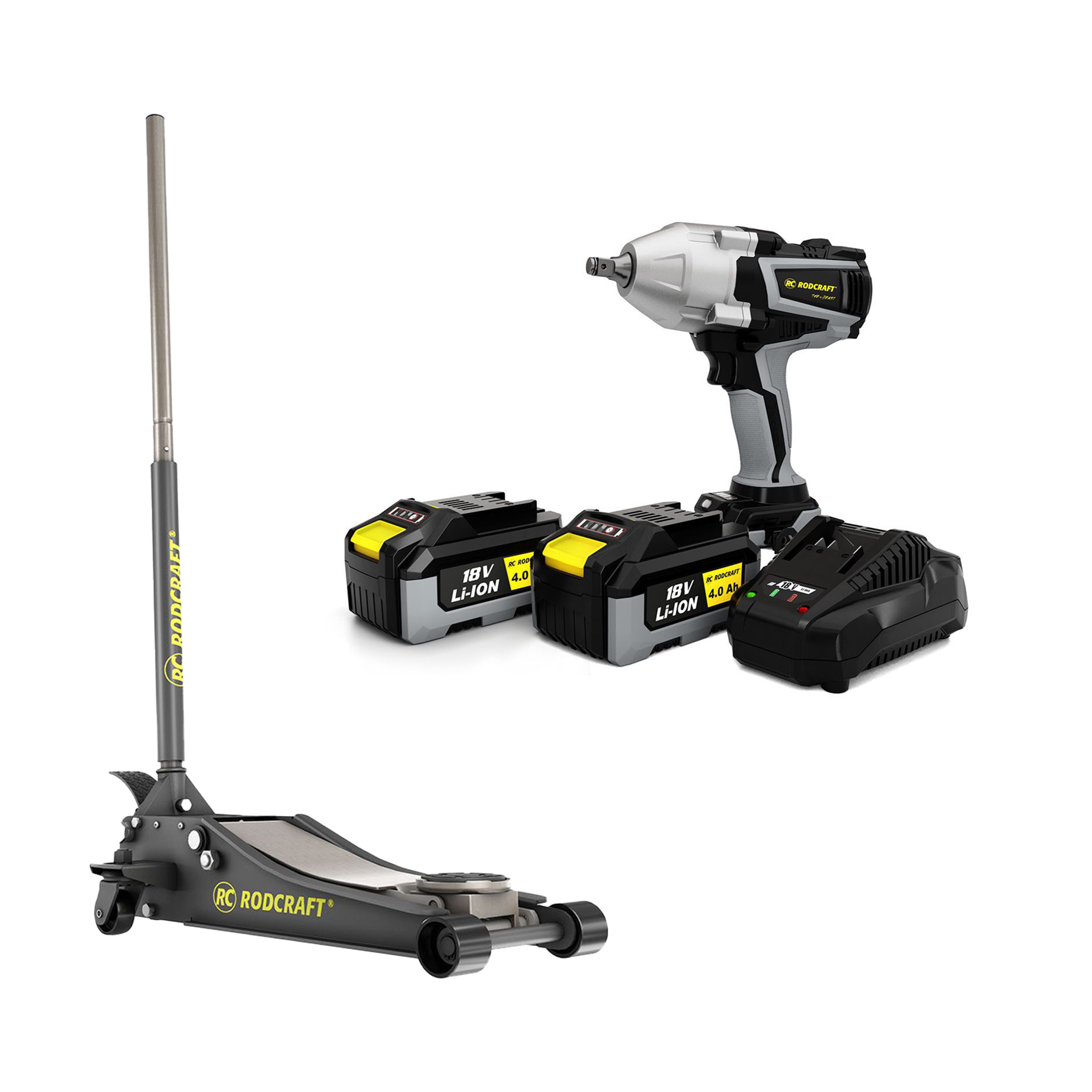 AKTION Rodcraft Wagenheber 2,5t + Akku-Schlagschrauber  "eBeast"  inkl. 2x 4 Ah Akku, Ladegerät und Stofftasche