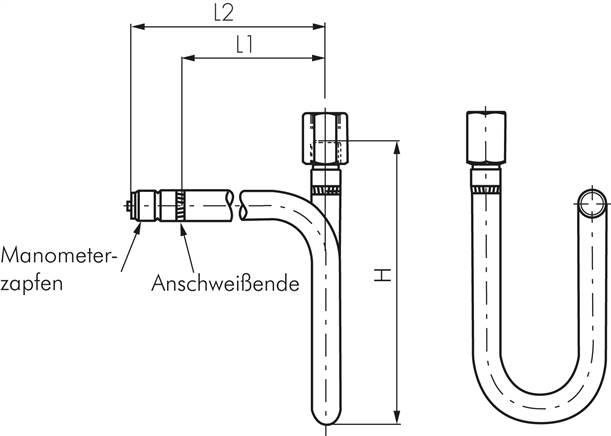 Wassersackrohr U-Form(ST 35.8) G 1/2" (AG)-Zapfen-G 1/2" (IG)-Spannmuffe