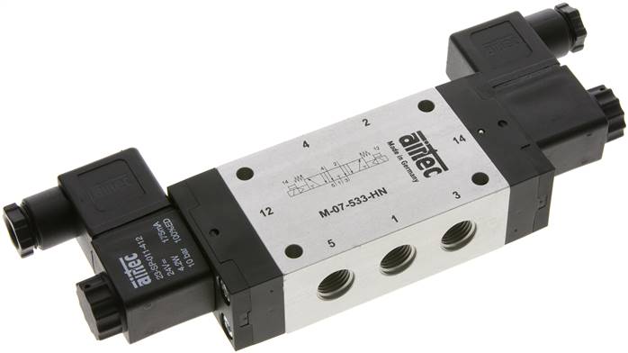 5/3-Wege Magnetventil, G 1/4", Mittelstellung entlüftet, 12 V=
