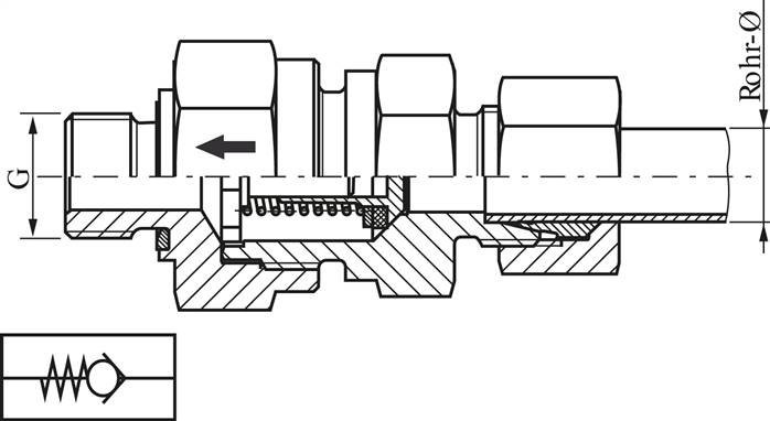 Hydraulik-Rückschlagventil 12 S (M20x1,5)-M 18x1,5, Stahl verzinkt, Durchfluss Rohr zu Gewinde