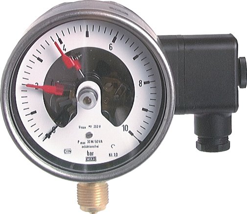 Kontaktmanometer (CrNi/Ms), senkr., 100mm, 0 - 600 bar, 1 Öffner- 1 Schliesskontakt