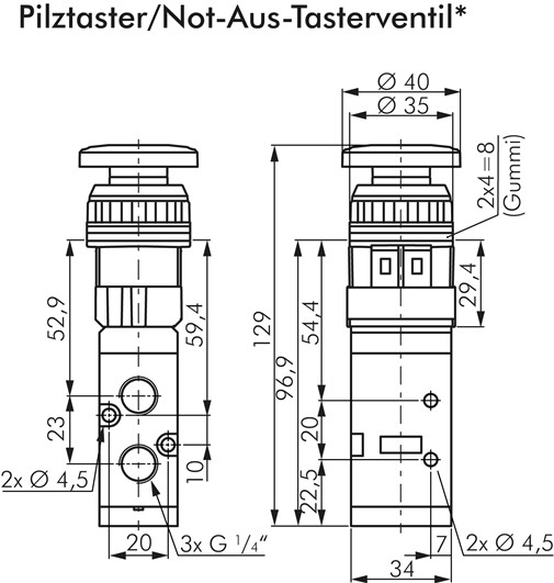 5/2-Wege Ventil G 1/4" (Abluft G 1/8"), Pilztaster schwarz